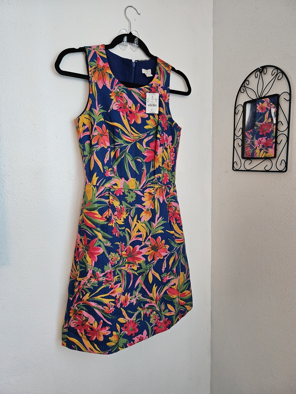 J. Crew Navy Floral Sleeveless Sheath Dress with Pink & Yellow Blooms